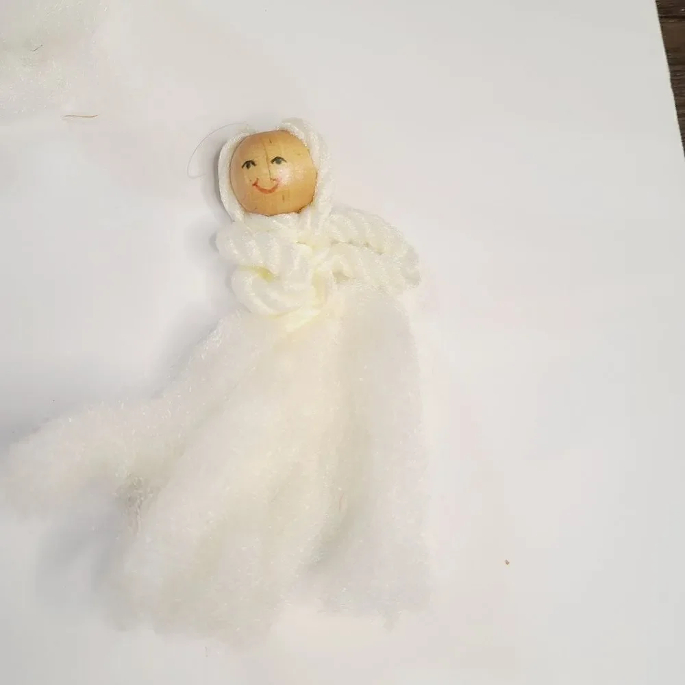 Vintage Macrame Wood Fluffy Angel Ornament Lot of 6